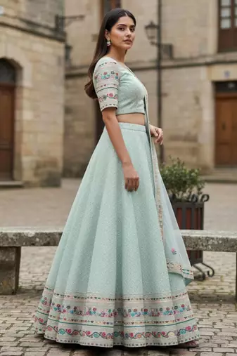 Sky Blue Georgette Multi Thread Sequins Embroidery Work Lehenga Choli For Women Designer Party Wear Ghagra Choli