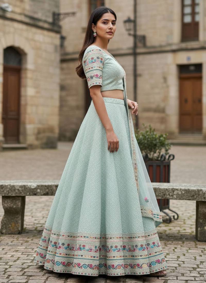 Sky Blue Georgette Multi Thread Sequins Embroidery Work Lehenga Choli For Women Designer Party Wear Ghagra Choli