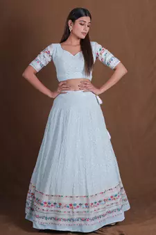Sky Blue Georgette Multi Thread Sequins Embroidery Work Lehenga Choli For Women Designer Party Wear Ghagra Choli