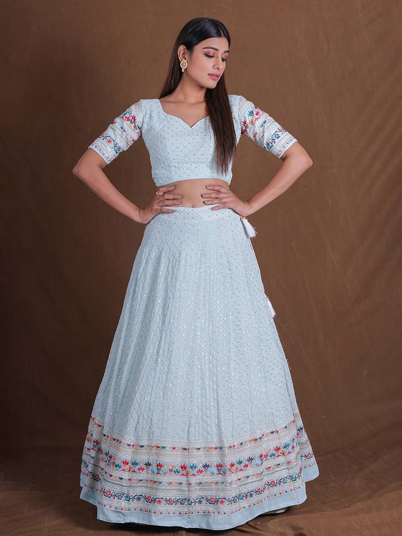 Sky Blue Georgette Multi Thread Sequins Embroidery Work Lehenga Choli For Women Designer Party Wear Ghagra Choli