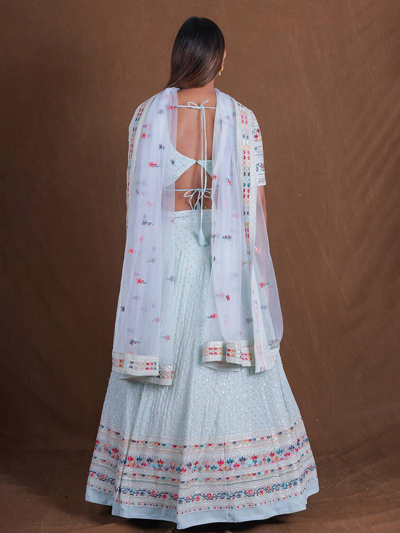 Sky Blue Georgette Multi Thread Sequins Embroidery Work Lehenga Choli For Women Designer Party Wear Ghagra Choli