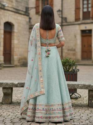 Sky Blue Georgette Multi Thread Sequins Embroidery Work Lehenga Choli For Women Designer Party Wear Ghagra Choli 5