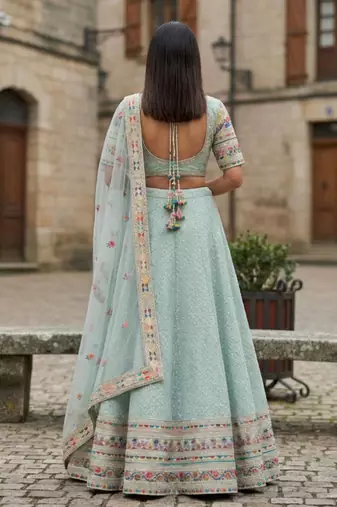 Sky Blue Georgette Multi Thread Sequins Embroidery Work Lehenga Choli For Women Designer Party Wear Ghagra Choli