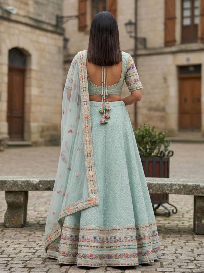 Sky Blue Georgette Multi Thread Sequins Embroidery Work Lehenga Choli For Women Designer Party Wear Ghagra Choli