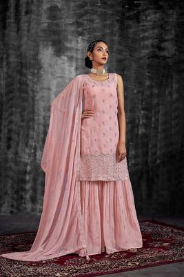 PINK MIRROR ZARKAN ZARI & THREAD EMBROIDERED GEORGETTE STITCH SHARARA SUIT WITH DUPATTA 1