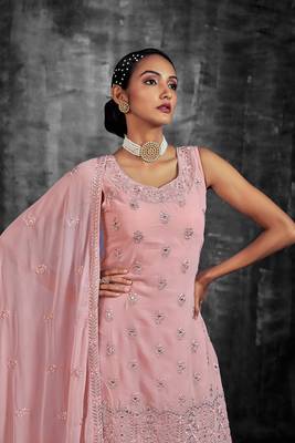 PINK MIRROR ZARKAN ZARI & THREAD EMBROIDERED GEORGETTE STITCH SHARARA SUIT WITH DUPATTA 2