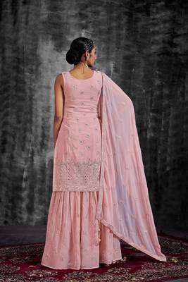 PINK MIRROR ZARKAN ZARI & THREAD EMBROIDERED GEORGETTE STITCH SHARARA SUIT WITH DUPATTA 3