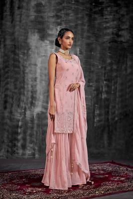 PINK MIRROR ZARKAN ZARI & THREAD EMBROIDERED GEORGETTE STITCH SHARARA SUIT WITH DUPATTA 4