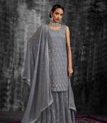 GREY MIRROR ZARKAN ZARI & THREAD EMBROIDERED GEORGETTE STITCH SHARARA SUIT WITH DUPATTA