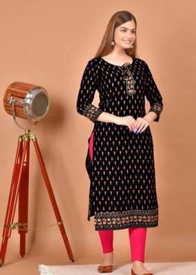 Jaipuri Predominate Floral Gold Printed Black A-Line Designer Kurti 1