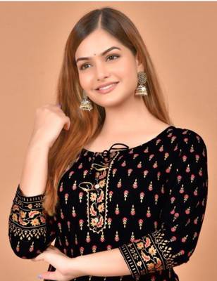 Jaipuri Predominate Floral Gold Printed Black A-Line Designer Kurti 4