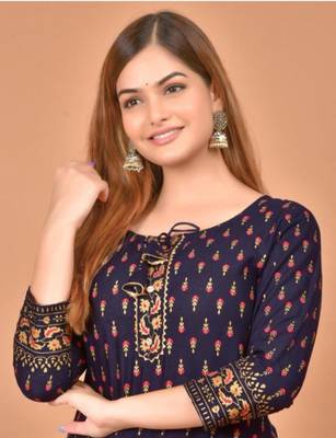 Jaipuri Floral Printed Designer A-Line Blue Kurti For Womens/Girls 4