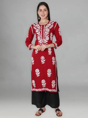 Red embroidered cotton chikankari-kurtis 1