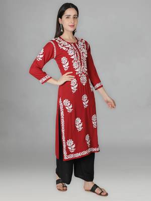 Red embroidered cotton chikankari-kurtis 2