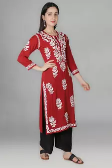 Red embroidered cotton chikankari-kurtis