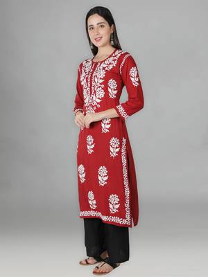 Red embroidered cotton chikankari-kurtis 3