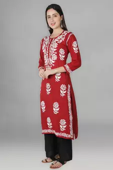 Red embroidered cotton chikankari-kurtis