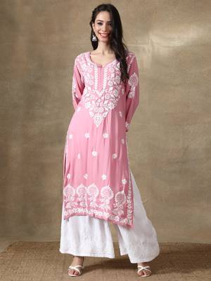 Pink embroidered cotton chikankari-kurtis 1