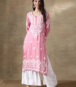 Pink embroidered cotton chikankari-kurtis