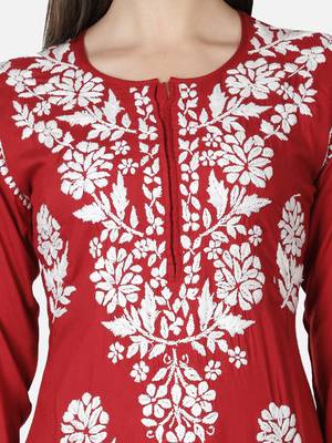 Red embroidered cotton chikankari-kurtis 4