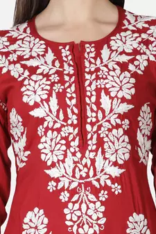 Red embroidered cotton chikankari-kurtis