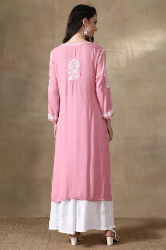 Pink embroidered cotton chikankari-kurtis