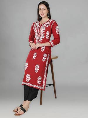 Red embroidered cotton chikankari-kurtis 5