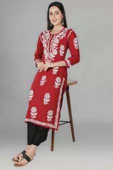 Red embroidered cotton chikankari-kurtis