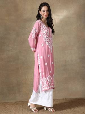 Pink embroidered cotton chikankari-kurtis 3