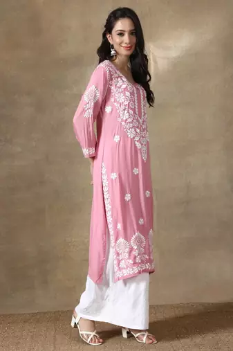 Pink embroidered cotton chikankari-kurtis