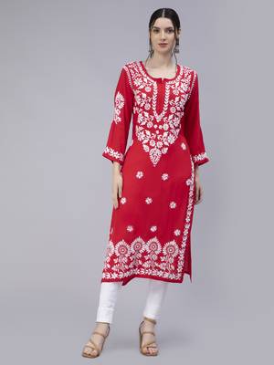 Red embroidered cotton chikankari-kurtis 1