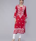 Red embroidered cotton chikankari-kurtis