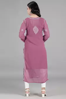 Pink embroidered georgette chikankari-kurtis