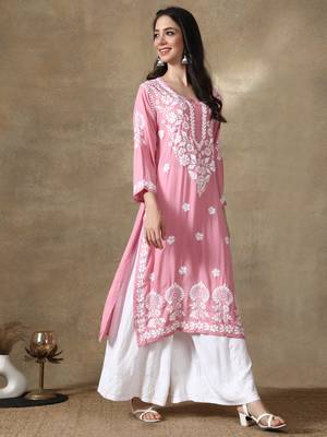 Pink embroidered cotton chikankari-kurtis 4