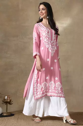 Pink embroidered cotton chikankari-kurtis