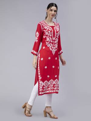 Red embroidered cotton chikankari-kurtis 2