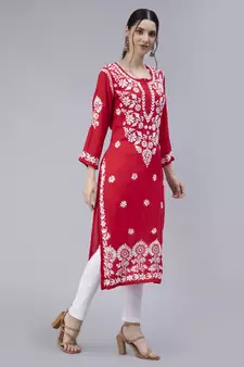 Red embroidered cotton chikankari-kurtis