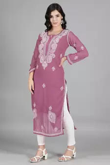 Pink embroidered georgette chikankari-kurtis