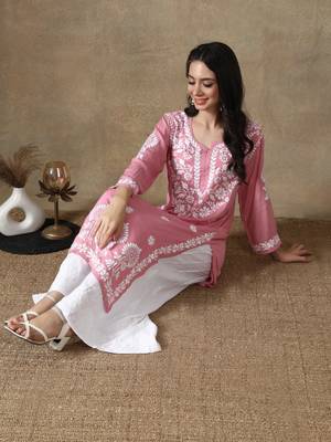 Pink embroidered cotton chikankari-kurtis 5