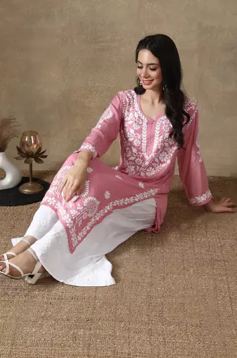 Pink embroidered cotton chikankari-kurtis