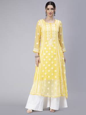 Hand Embroidered Yellow Georgette Anarkali 1