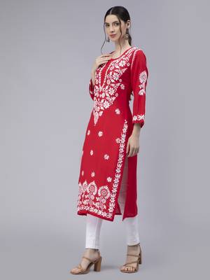 Red embroidered cotton chikankari-kurtis 3