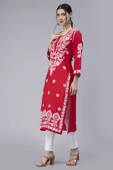 Red embroidered cotton chikankari-kurtis