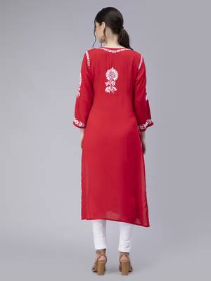 Red embroidered cotton chikankari-kurtis 4