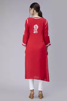 Red embroidered cotton chikankari-kurtis