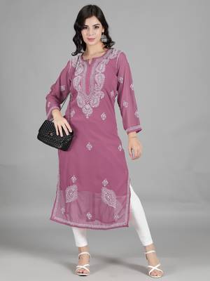 Pink embroidered georgette chikankari-kurtis 5