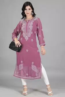 Pink embroidered georgette chikankari-kurtis