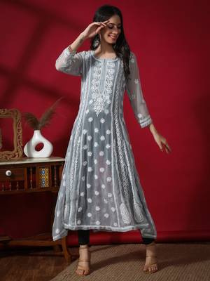 Hand Embroidered Grey Georgette Anarkali 1