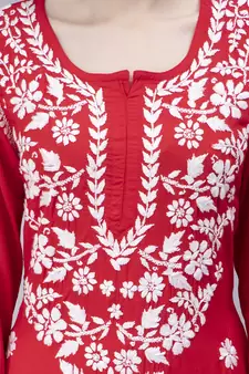 Red embroidered cotton chikankari-kurtis