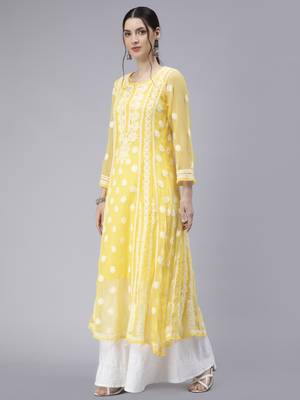 Hand Embroidered Yellow Georgette Anarkali 4
